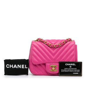 Chanel Mini Square Classic Lambskin Chevron Flap Pink