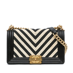 Chanel Medium Braided Chevron Cotton and Lambskin Boy Flap Black