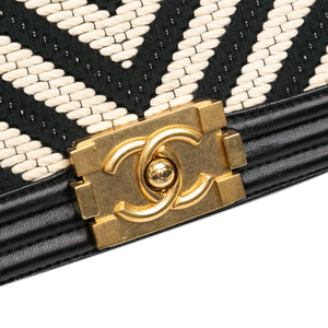 Chanel Medium Braided Chevron Cotton and Lambskin Boy Flap Black