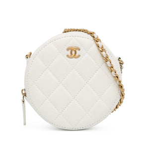 Chanel Quilted Lambskin Pearl Crush Round Clutch with Chain White