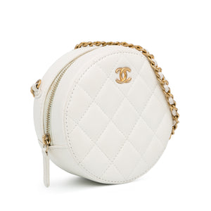 Chanel Quilted Lambskin Pearl Crush Round Clutch with Chain White