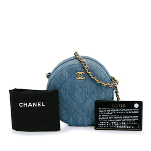 Chanel Quilted Denim Pearl Crush Round Clutch with Chain Blue