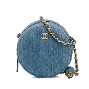 Chanel Quilted Denim Pearl Crush Round Clutch with Chain Blue