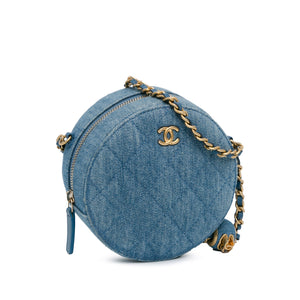 Chanel Quilted Denim Pearl Crush Round Clutch with Chain Blue