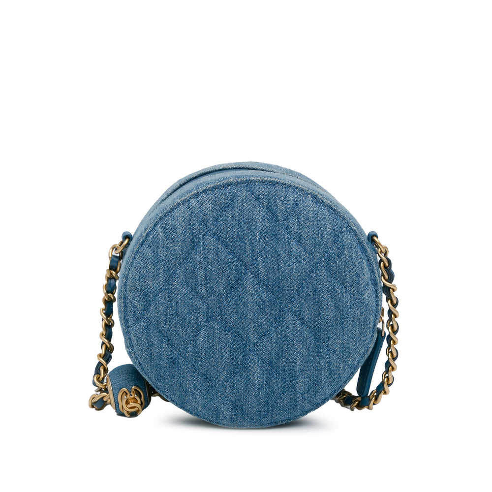 Chanel Quilted Denim Pearl Crush Round Clutch with Chain Blue