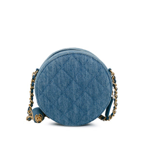 Chanel Quilted Denim Pearl Crush Round Clutch with Chain Blue