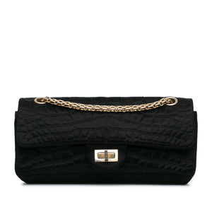 Chanel Reissue 2.55 Croc Stitched Satin East West Double Flap Black