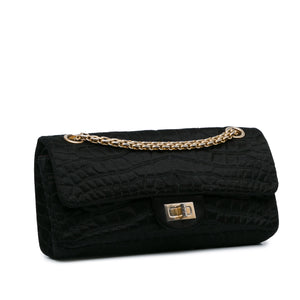 Chanel Reissue 2.55 Croc Stitched Satin East West Double Flap Black