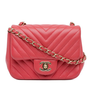 Chanel Mini Square Classic Chevron Lambskin Flap Red