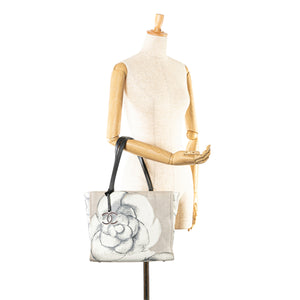 Chanel Camellia Printed Canvas Shopper Tote Gray