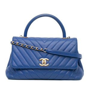 Chanel Small Caviar Chevron Coco Top Handle Satchel Blue