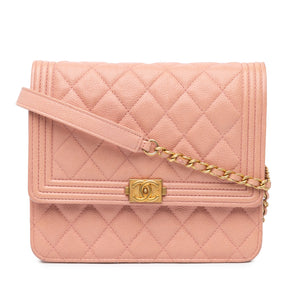 Chanel Quilted Caviar Square Boy Wallet On Chain Pink