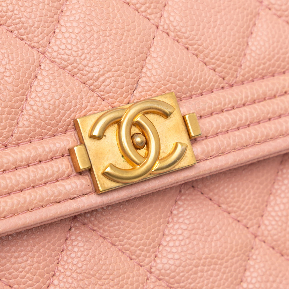 Chanel Quilted Caviar Square Boy Wallet On Chain Pink