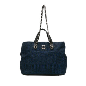 Chanel CC Straw and Caviar Drawstring Shopping Tote Blue