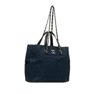 Chanel CC Straw and Caviar Drawstring Shopping Tote Blue