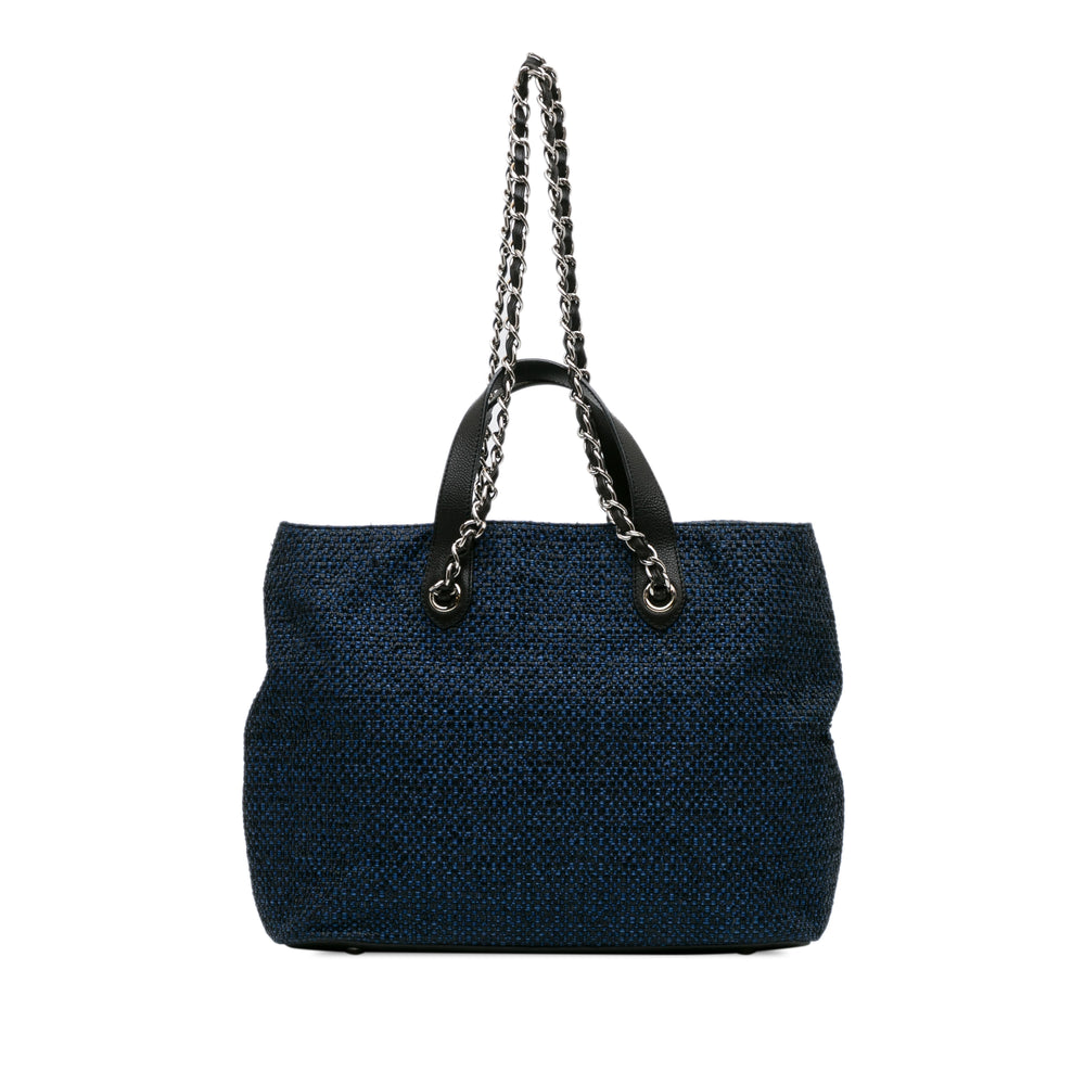 Chanel CC Straw and Caviar Drawstring Shopping Tote Blue