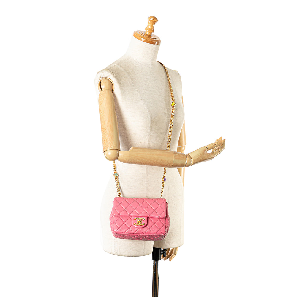 Chanel Mini Square Lambskin Pearl Samba Flap Pink