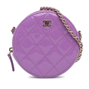 Chanel CC Quilted Patent Round Clutch With Chain Purple