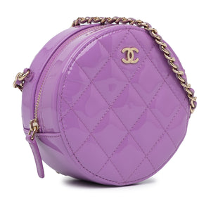 Chanel CC Quilted Patent Round Clutch With Chain Purple