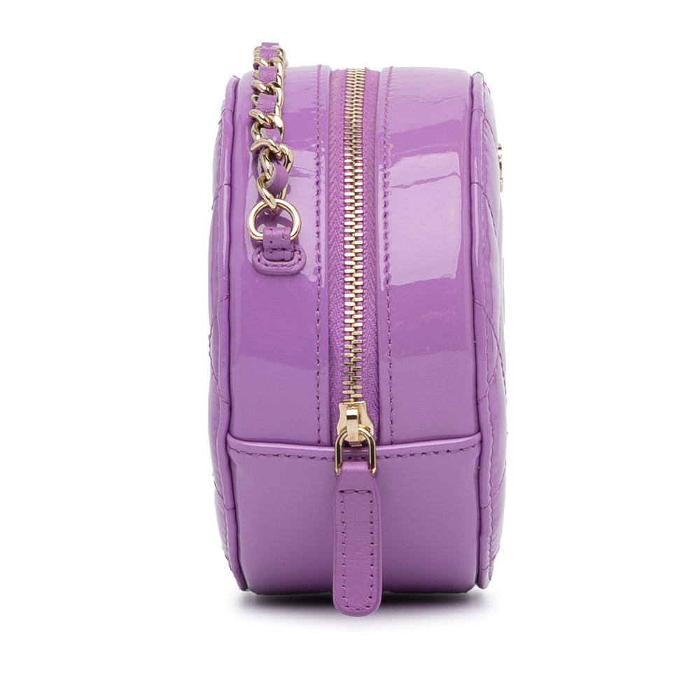 Chanel CC Quilted Patent Round Clutch With Chain Purple