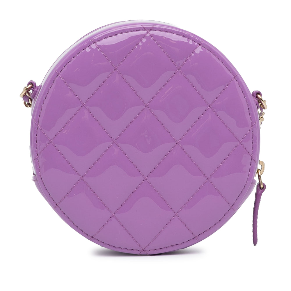 Chanel CC Quilted Patent Round Clutch With Chain Purple